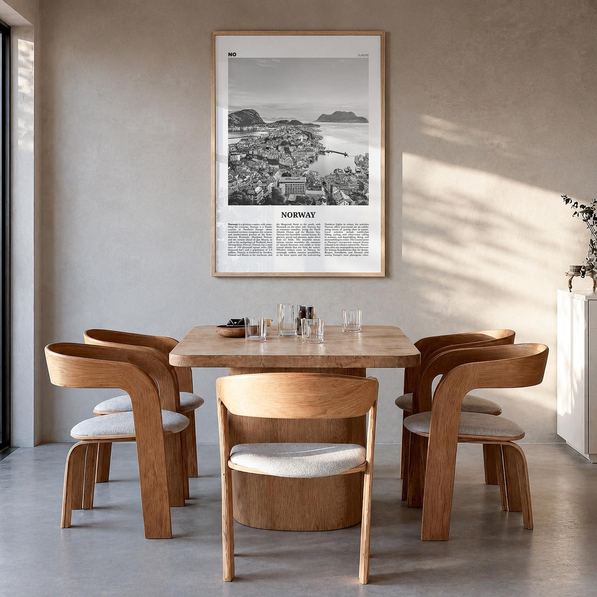 Norway black & white newspaper poster of Europe – vertical wall art in natural wood frame, hanging on wall