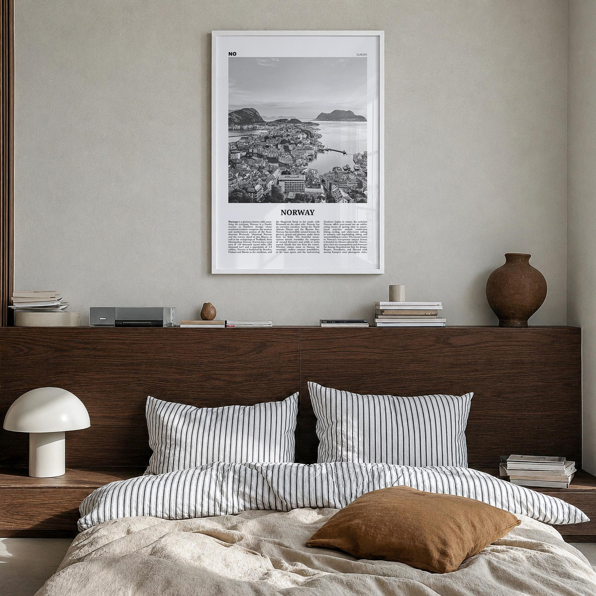 Norway black & white newspaper poster of Europe – vertical wall art in white wood frame, hanging on wall