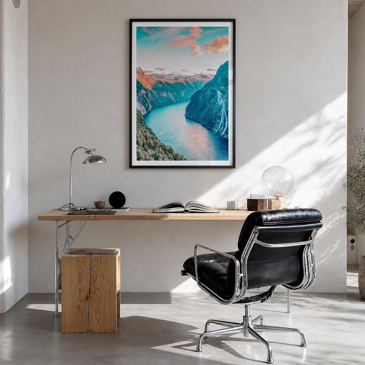 Norway colorful photo poster of Europe – vertical wall art in black wood frame with white border, hanging on wall