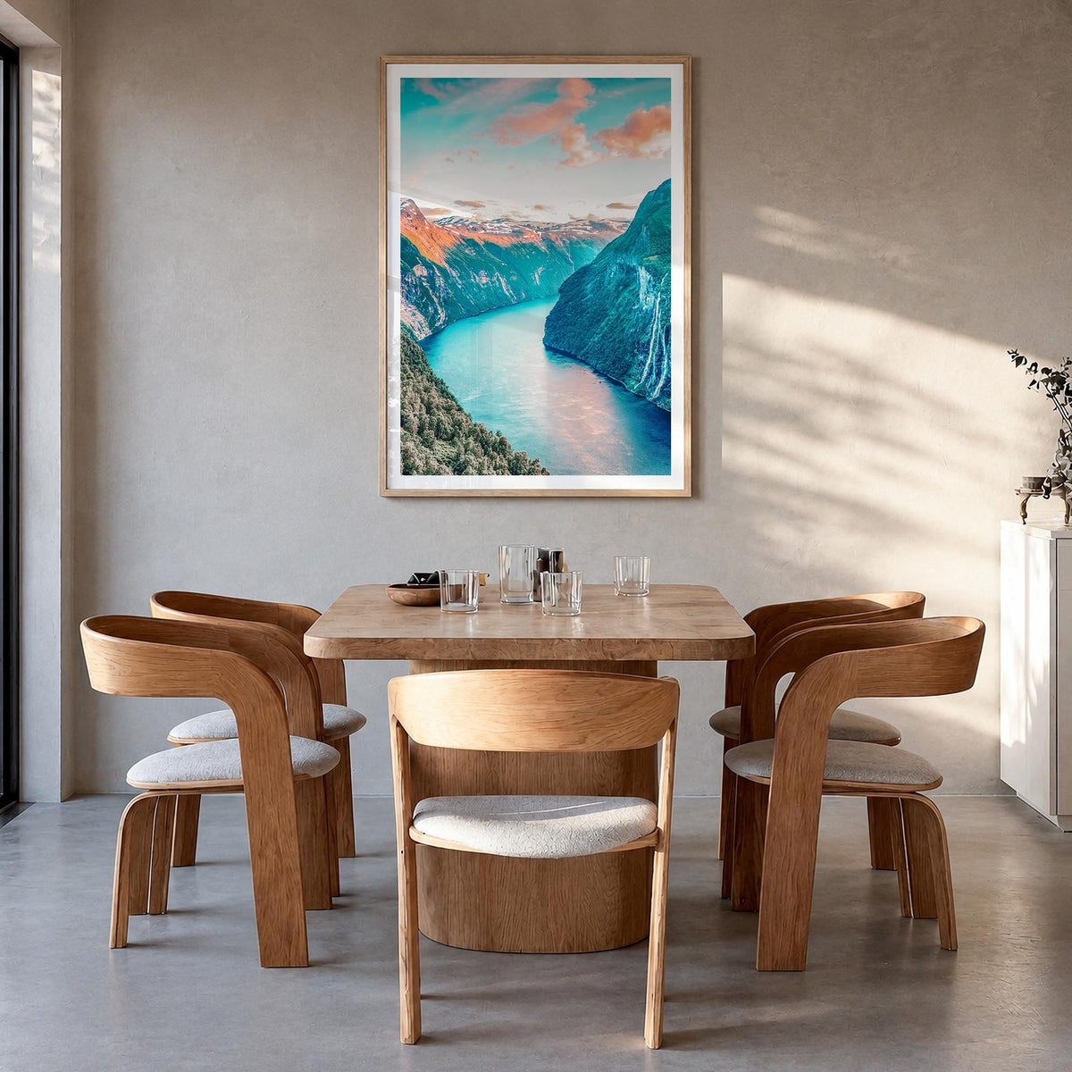 Norway colorful photo poster of Europe – vertical wall art in natural wood frame with white border, hanging on wall