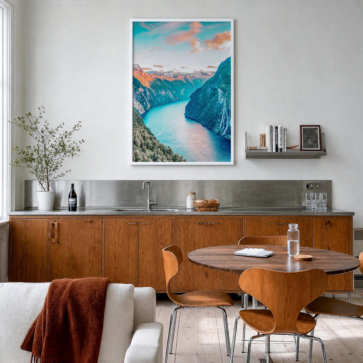 Norway colorful photo poster of Europe – vertical wall art in white wood frame, hanging on wall