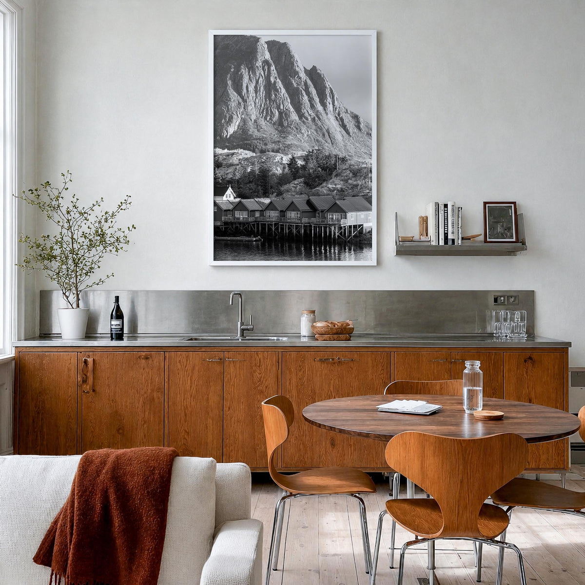 Norway no. 2 black & white photo poster of Europe – vertical wall art in white wood frame, hanging on wall