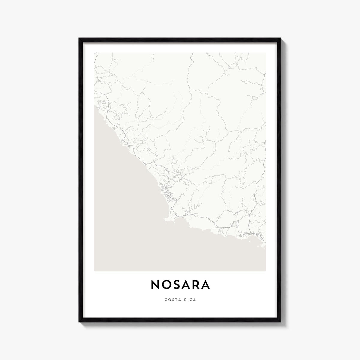 Nosara black & white map poster of Costa Rica – vertical wall art, unframed print shown in interior mockup