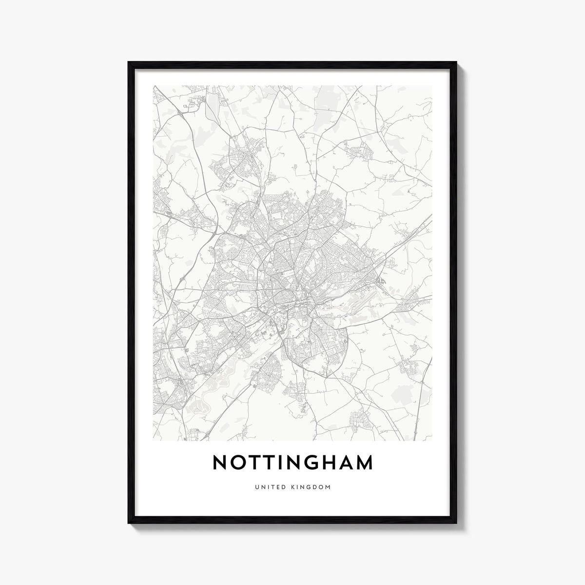 Nottingham black & white map poster of England, UK – vertical wall art, unframed print shown in interior mockup