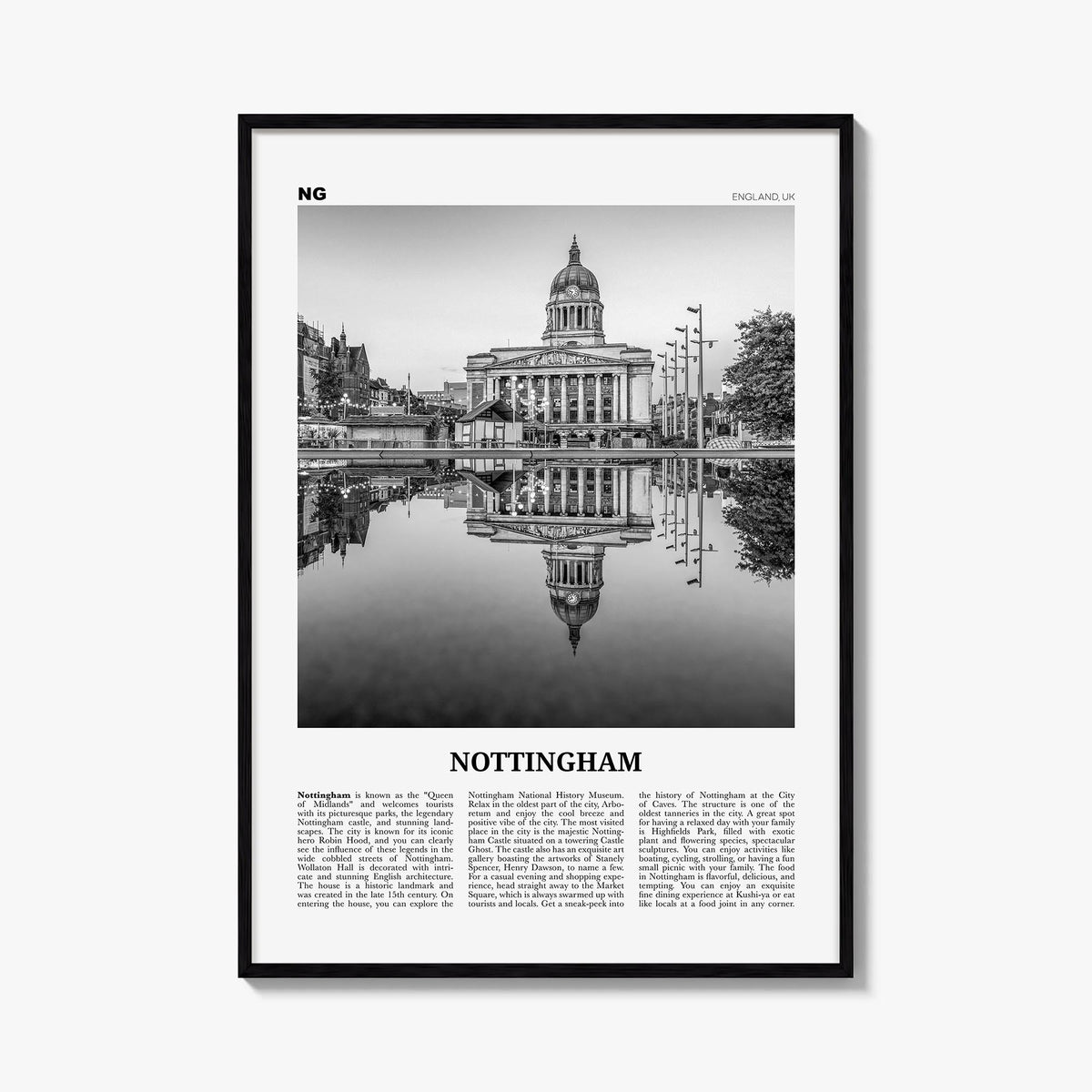 Nottingham black & white newspaper poster of England, UK – vertical wall art, unframed print shown in interior mockup