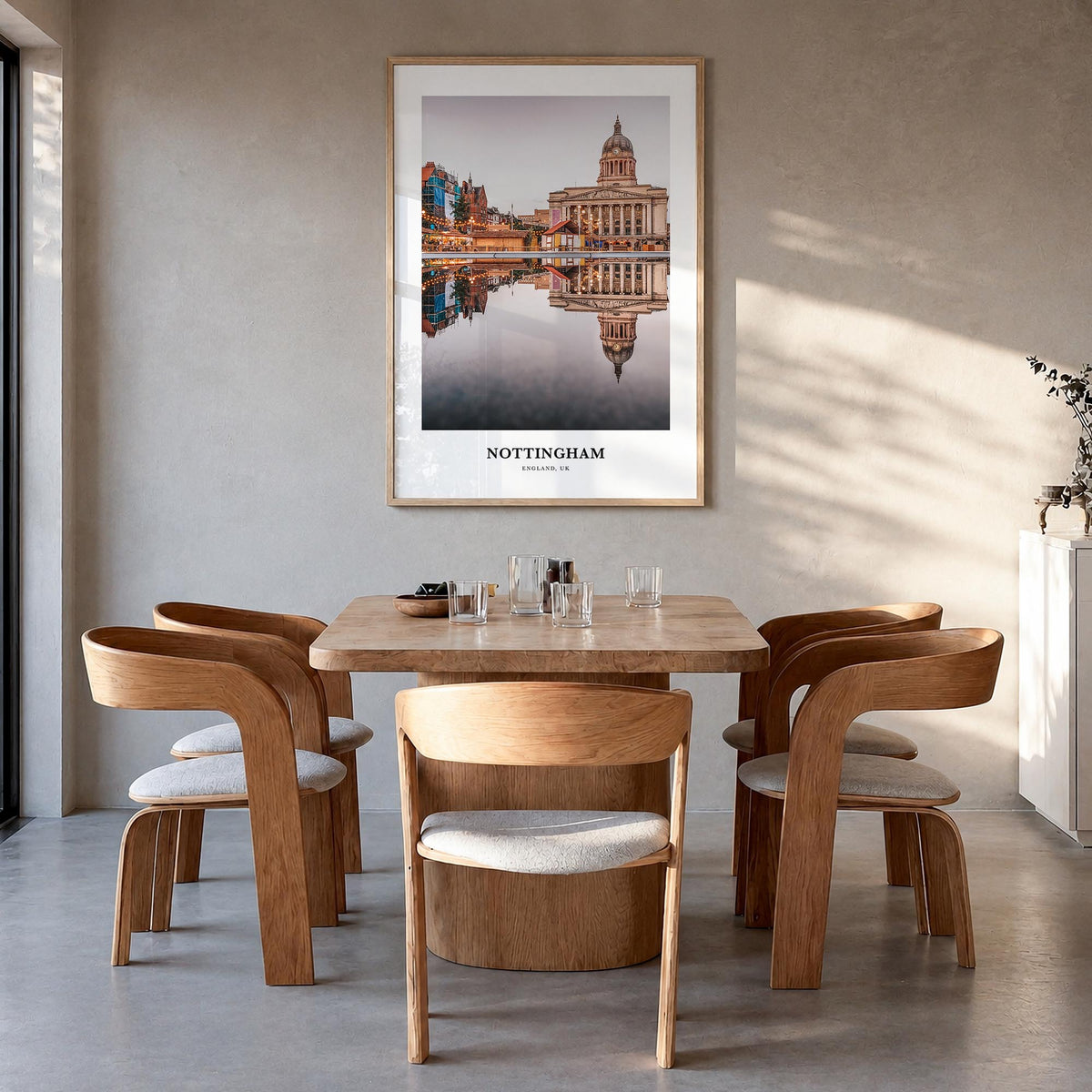 Nottingham colorful classic poster of England, UK – vertical wall art in natural wood frame, hanging on wall