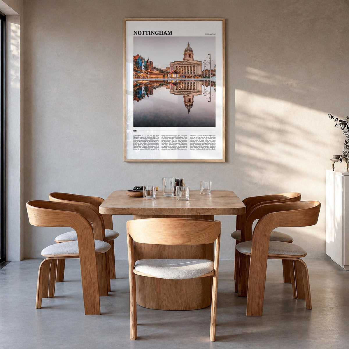 Nottingham colorful travel poster of England, UK – vertical wall art in natural wood frame, hanging on wall