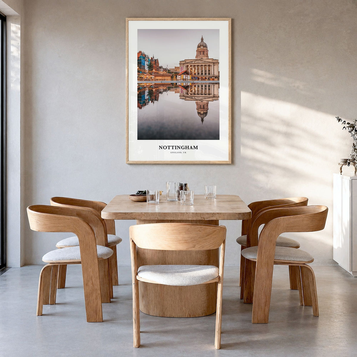 Nottingham Classic Poster in a natural wood frame, hanging in a dining room