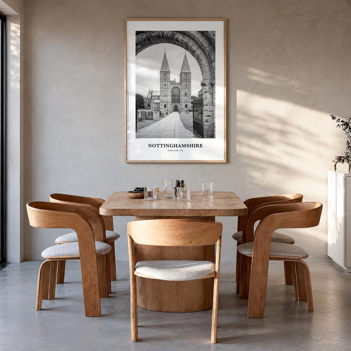 Nottinghamshire black & white classic poster of United Kingdom – vertical wall art in natural wood frame, hanging on wall