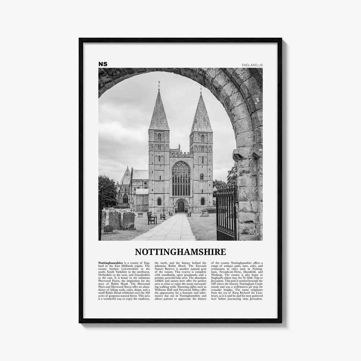 Nottinghamshire black & white newspaper poster of United Kingdom – vertical wall art, unframed print shown in interior mockup