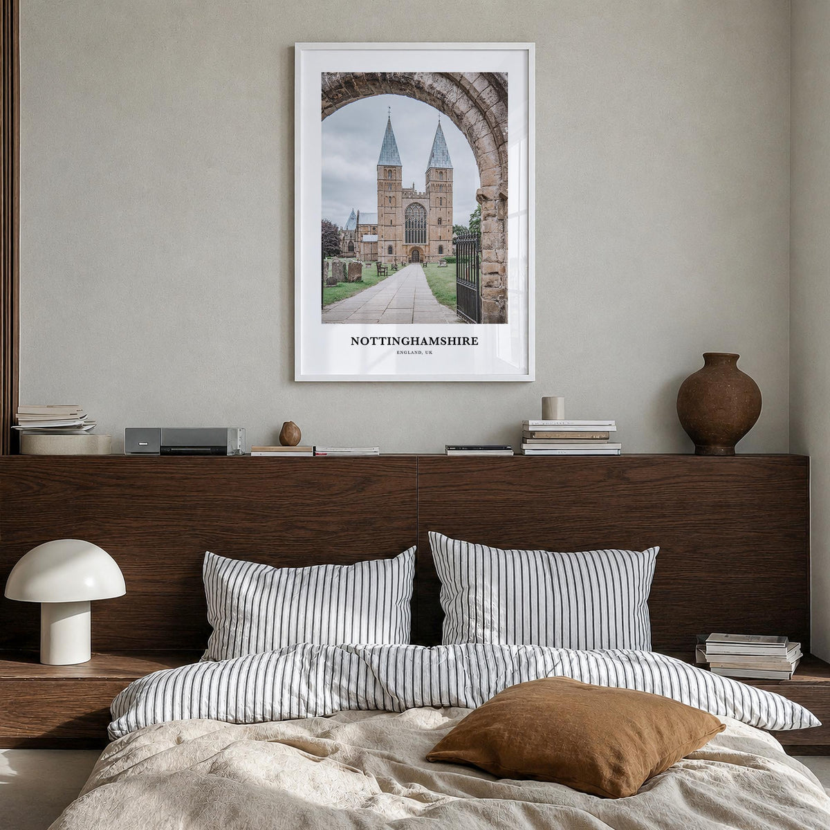 Nottinghamshire colorful classic poster of United Kingdom – vertical wall art in white wood frame, hanging on wall