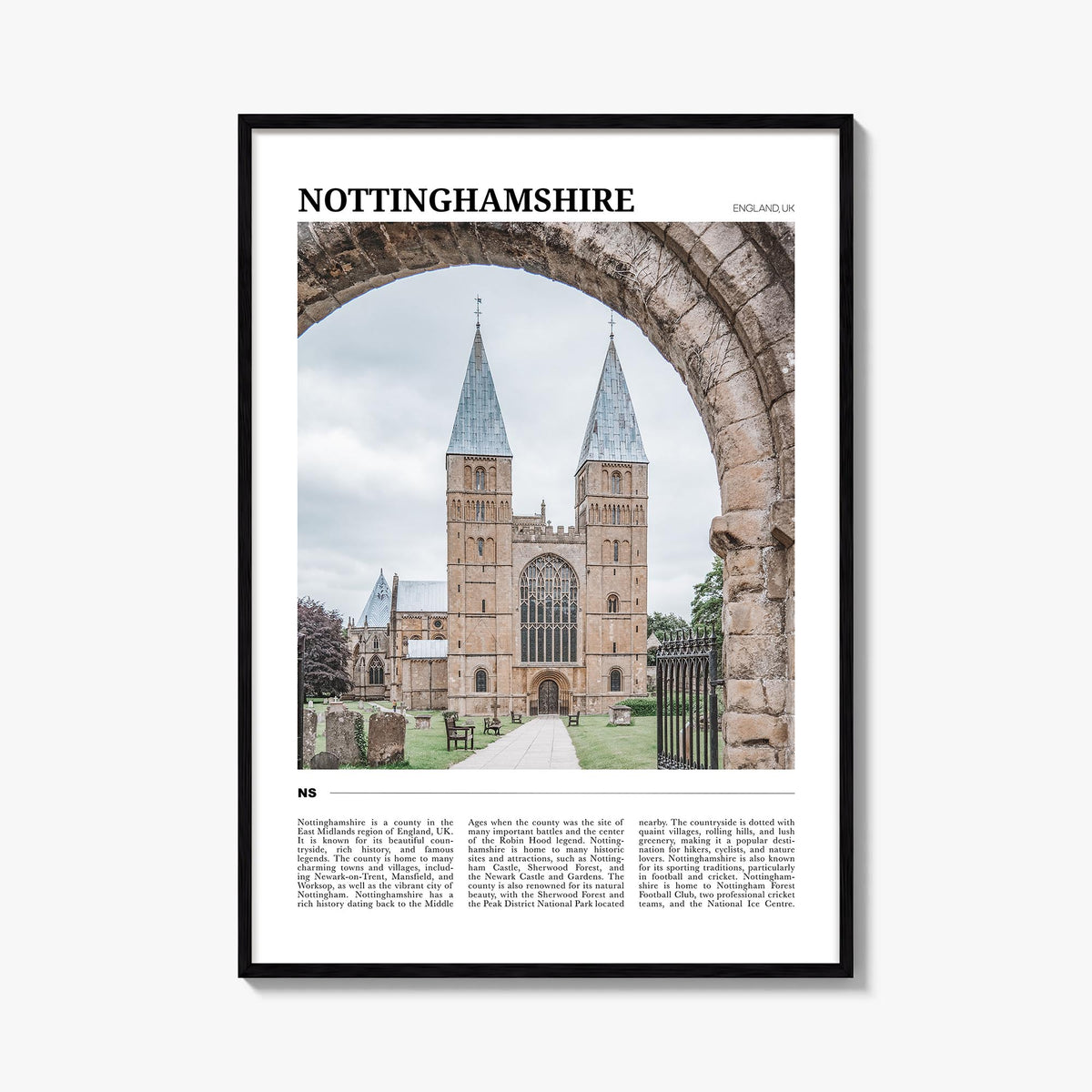 Nottinghamshire colorful travel poster of United Kingdom – vertical wall art, unframed print shown in interior mockup