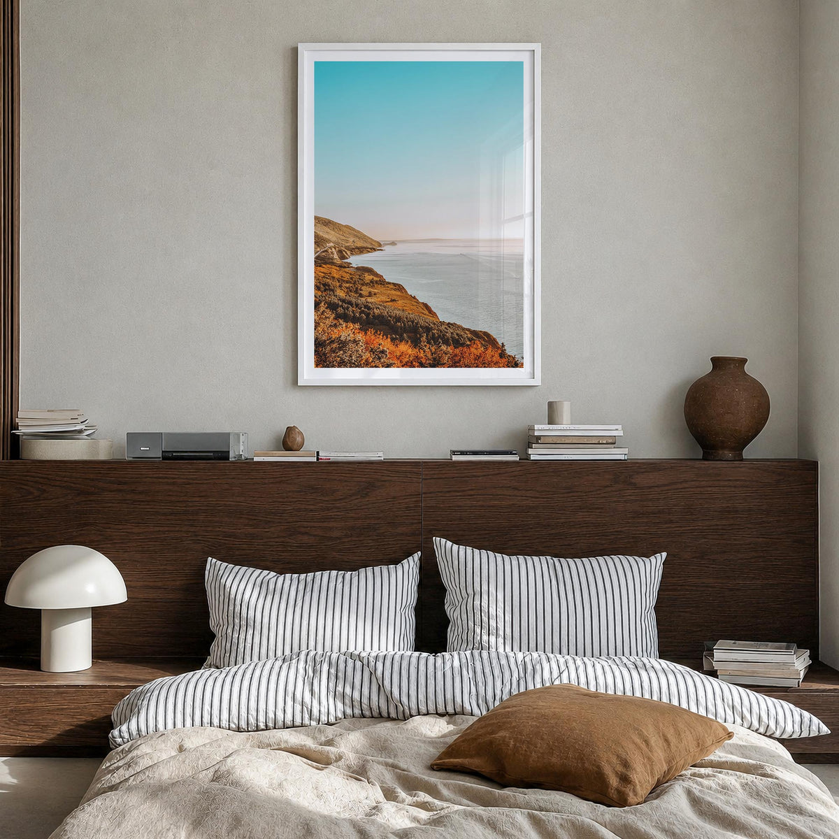 Nova Scotia colorful photo poster of Canada – vertical wall art in white wood frame with white border, hanging on wall