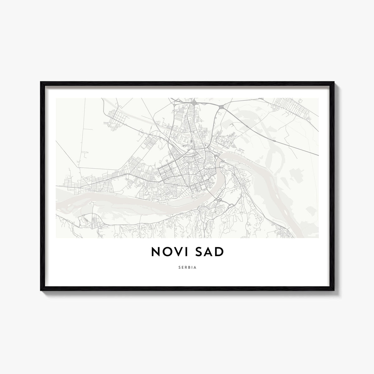 Novi Sad black & white map poster of Serbia – horizontal wall art, unframed print shown in interior mockup