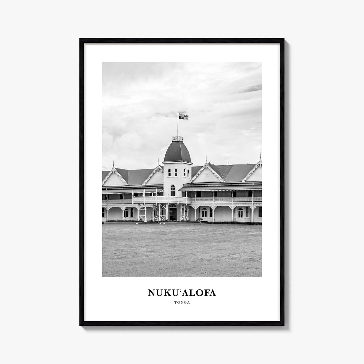 Nuku'alofa black & white classic poster of Tonga – vertical wall art, unframed print shown in interior mockup