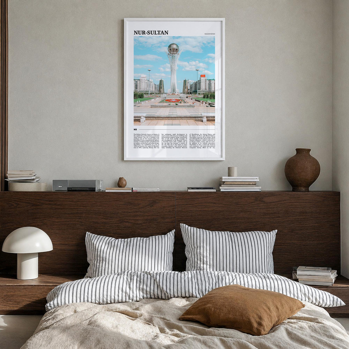 Nur-Sultan colorful travel poster of Kazakhstan – vertical wall art in white wood frame, hanging on wall