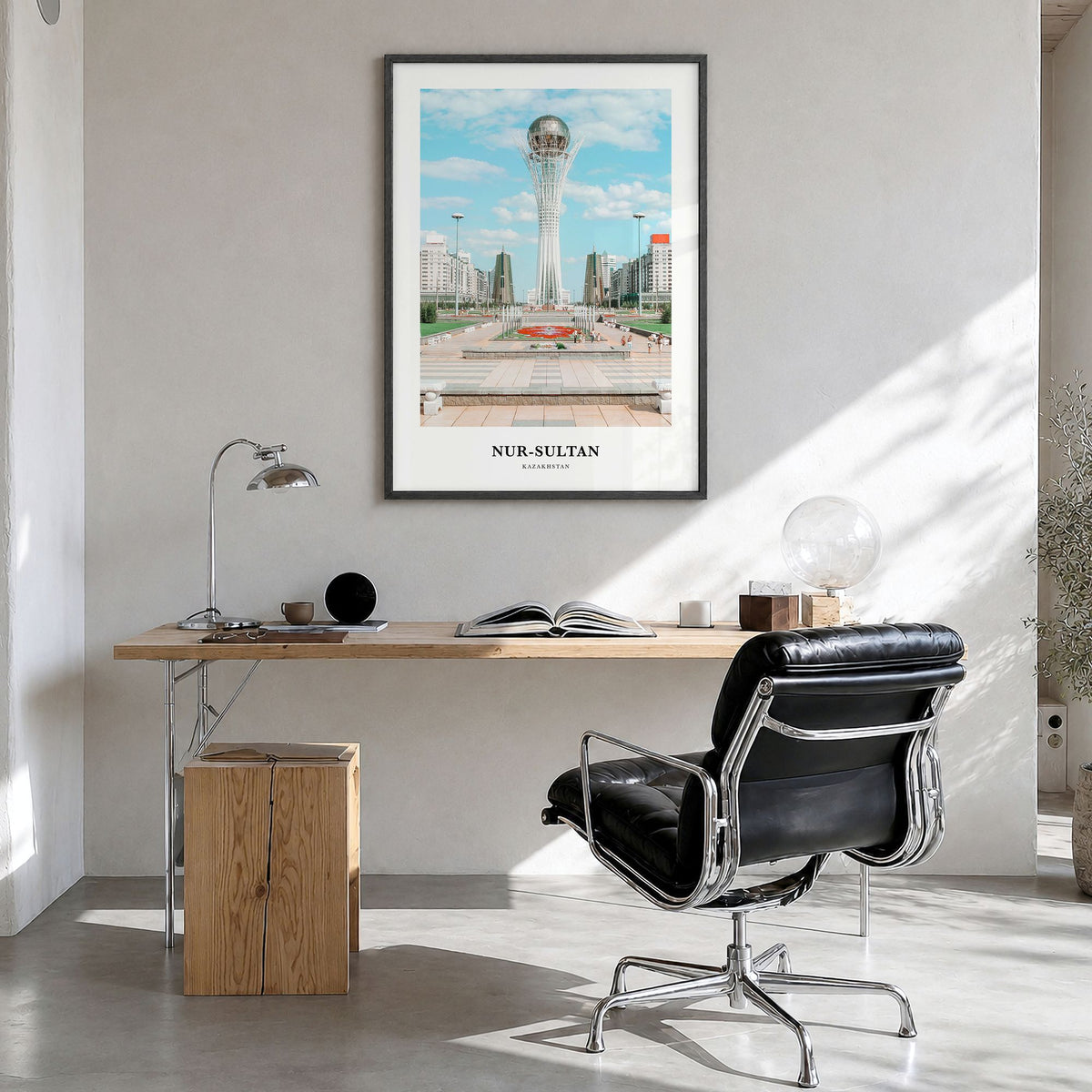 Nur-Sultan Classic Poster in a black wood frame, hanging in a bright home office