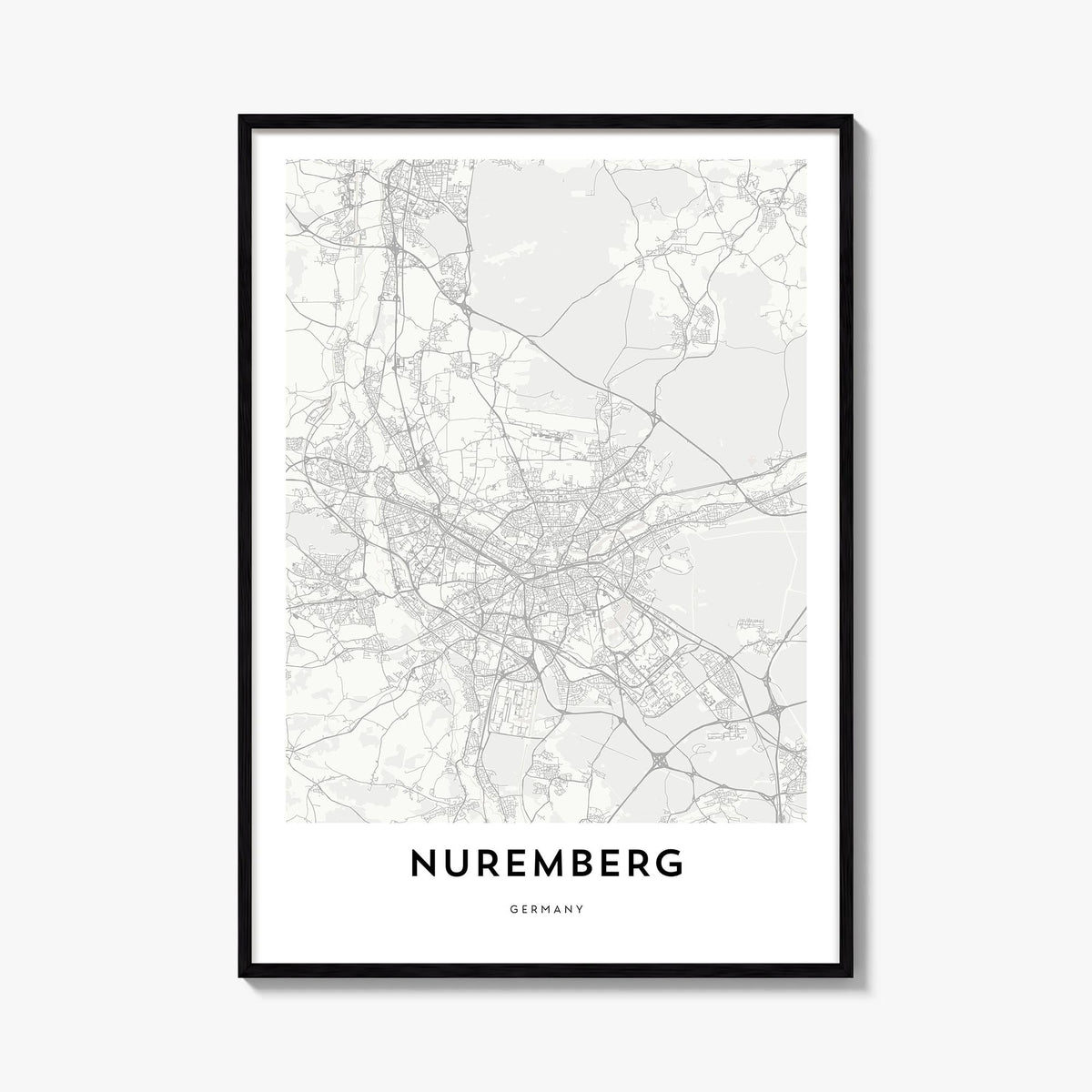 Nuremberg black & white map poster of Germany – vertical wall art, unframed print shown in interior mockup