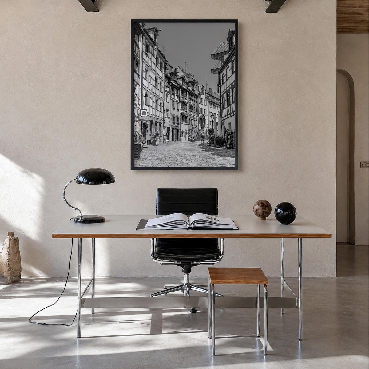 Nuremberg black & white photo poster of Germany – vertical wall art in black wood frame, hanging on wall