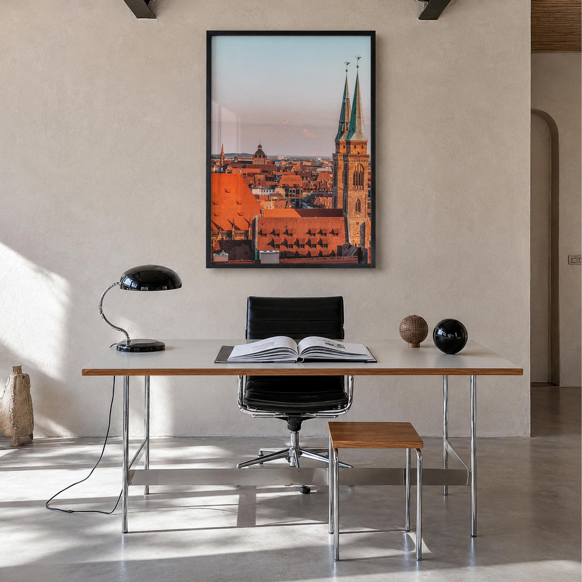 Nuremberg colorful photo poster of Germany – vertical wall art in black wood frame, hanging on wall