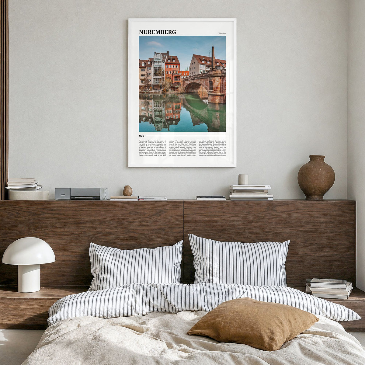 Nuremberg Travel Poster in a white wood frame, hanging in a bedroom