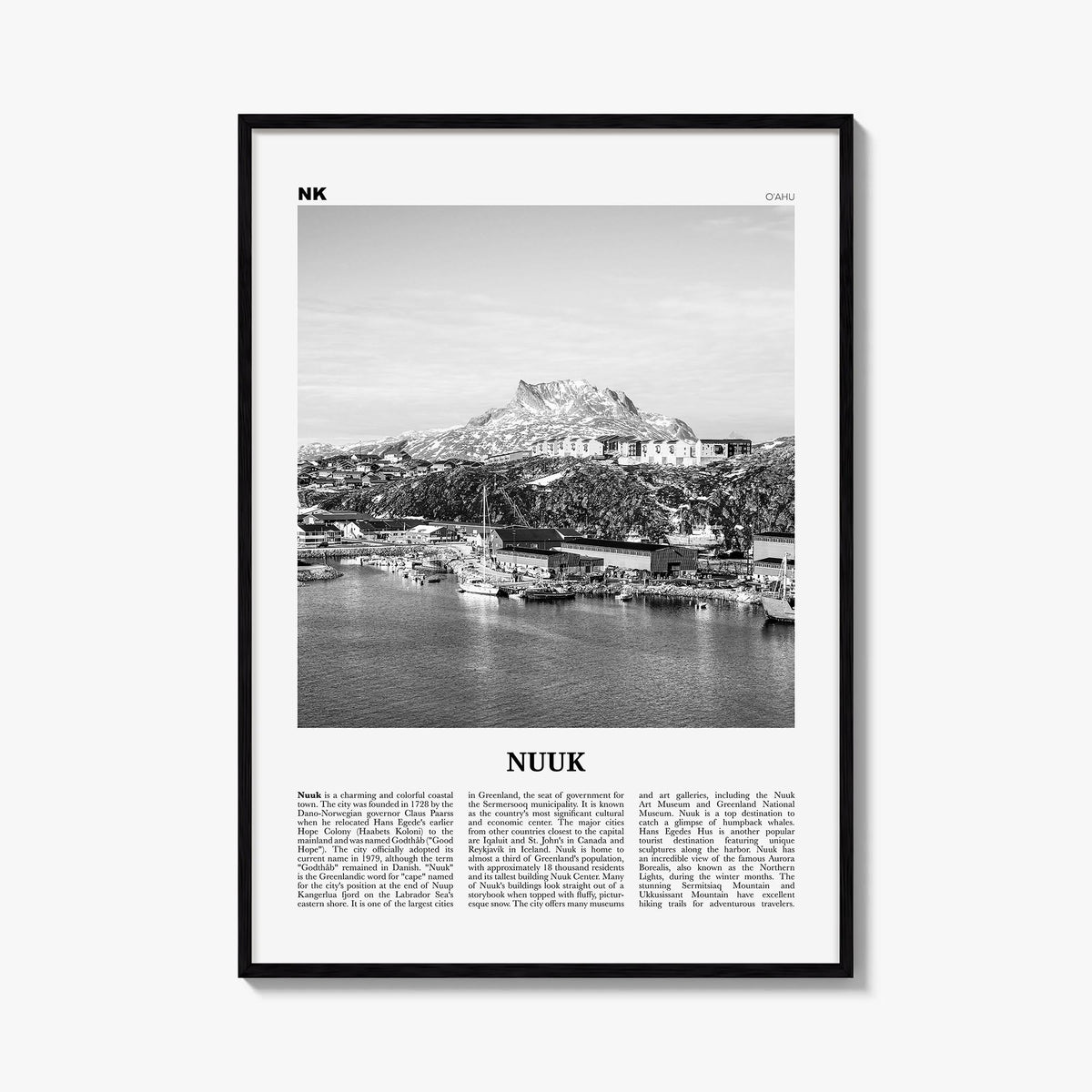 Nuuk black & white newspaper poster of Greenland – vertical wall art, unframed print shown in interior mockup