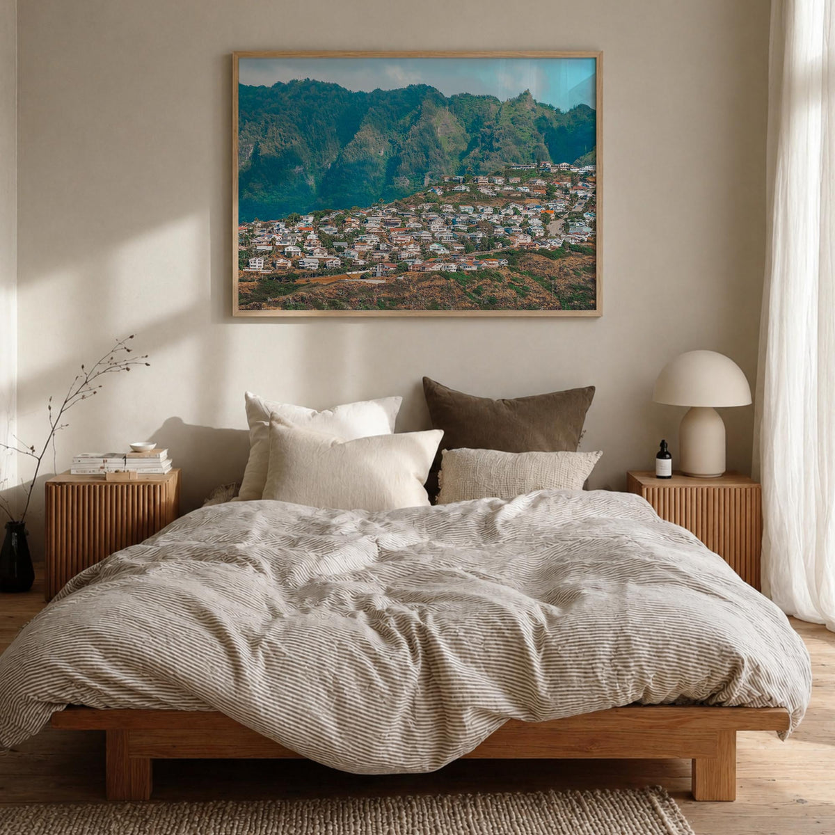 O‘ahu colorful photo poster of Hawaii, USA – horizontal wall art in natural wood frame, hanging on wall