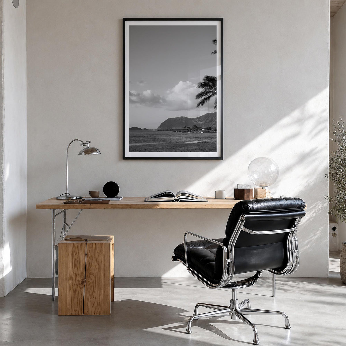 O‘ahu no. 1 black & white photo poster of Hawaii, USA – vertical wall art in black wood frame with white border, hanging on w