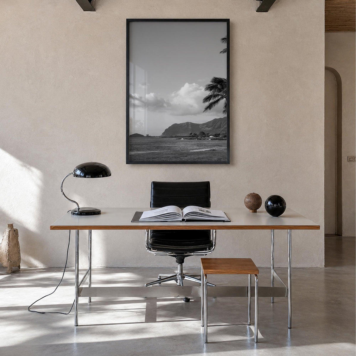 O‘ahu no. 1 black & white photo poster of Hawaii, USA – vertical wall art in black wood frame, hanging on wall