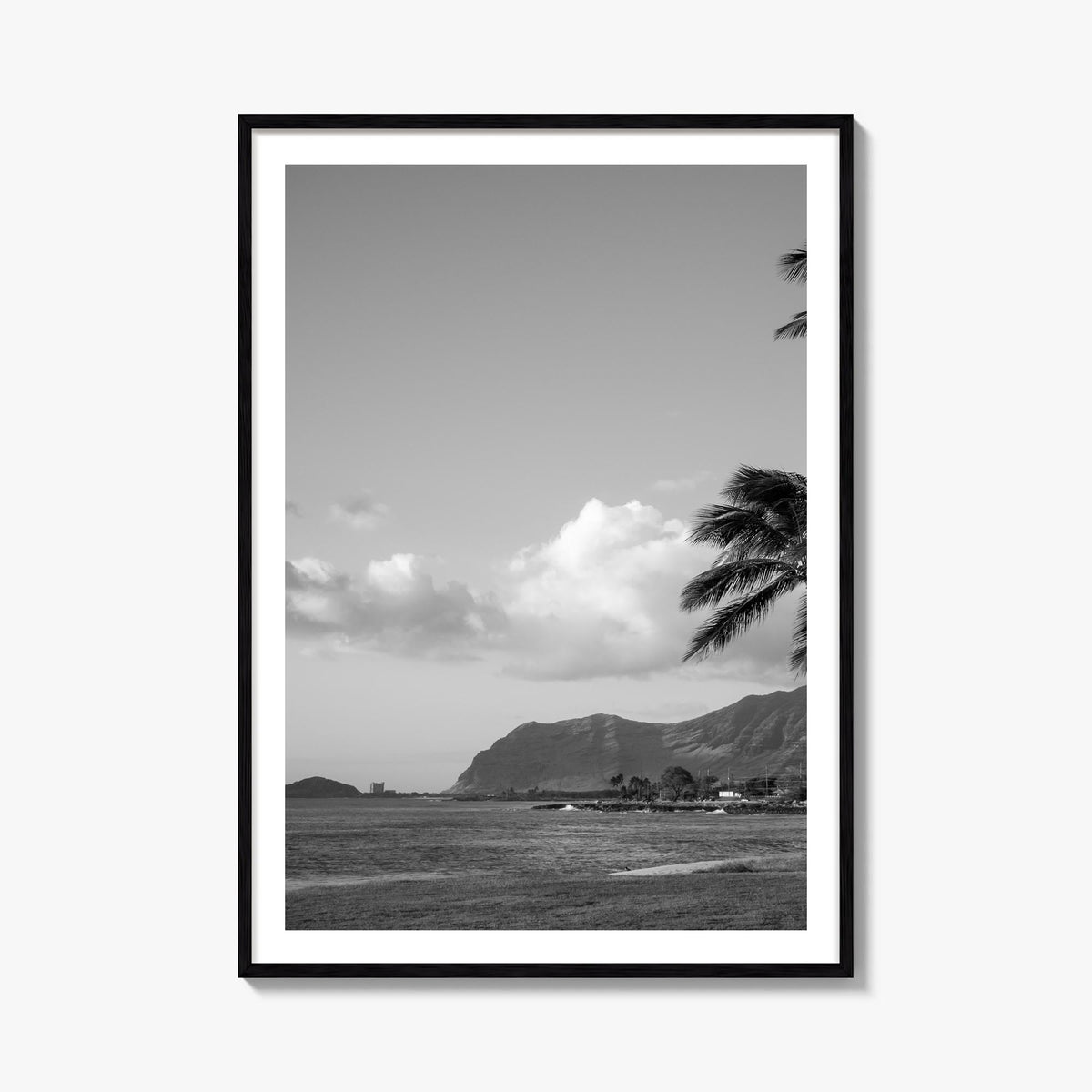 O‘ahu no. 1 black & white photo poster of Hawaii, USA – vertical wall art, unframed print shown in interior mockup