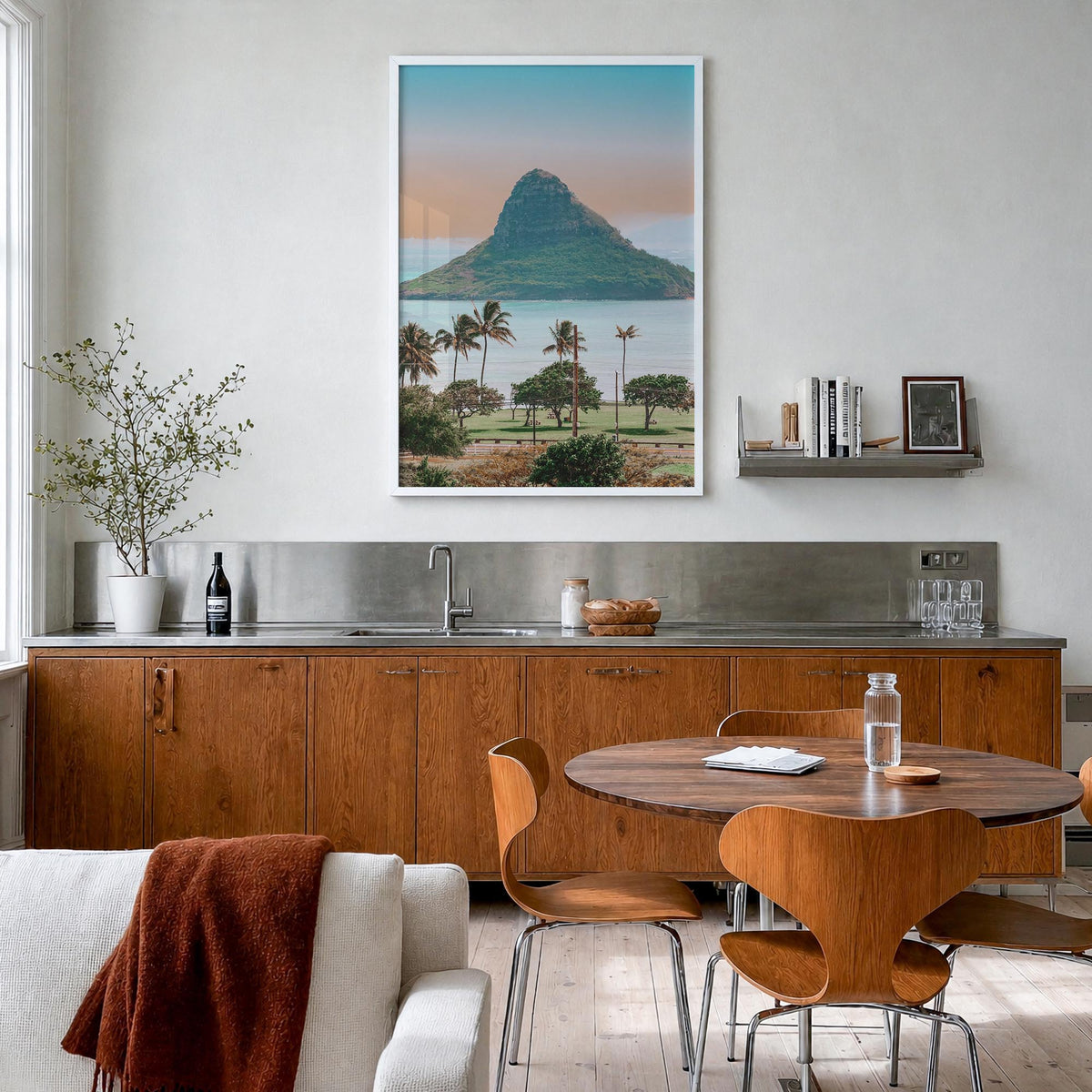 O‘ahu no. 1 colorful photo poster of Hawaii, USA – vertical wall art in white wood frame, hanging on wall