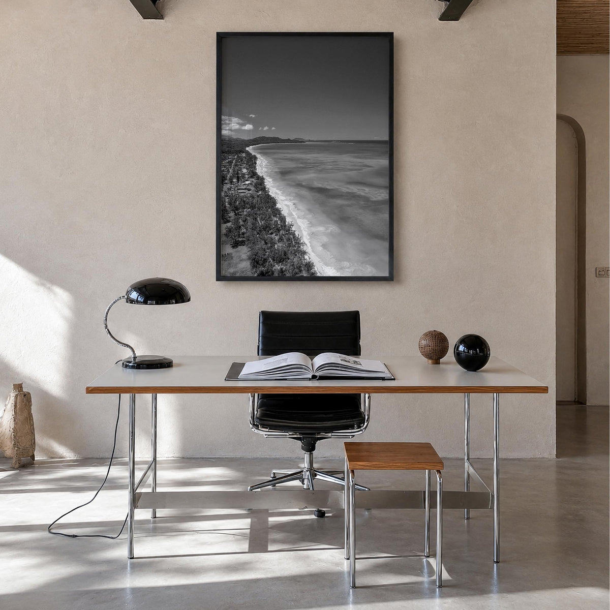 O‘ahu no. 2 black & white photo poster of Hawaii, USA – vertical wall art in black wood frame, hanging on wall