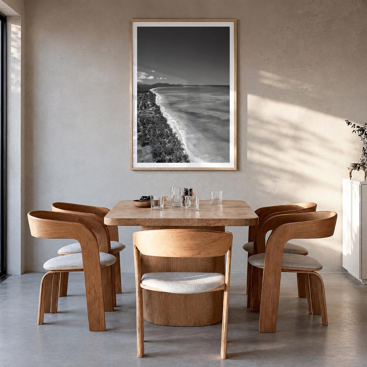 O‘ahu no. 2 black & white photo poster of Hawaii, USA – vertical wall art in natural wood frame with white border, hanging on