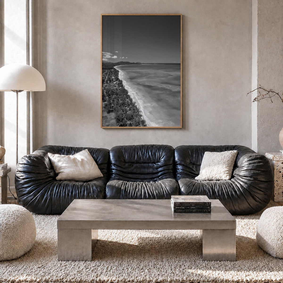 O‘ahu no. 2 black & white photo poster of Hawaii, USA – vertical wall art in natural wood frame, hanging on wall