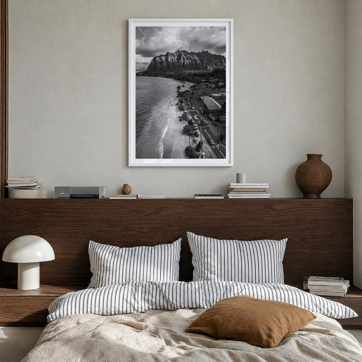 O‘ahu no. 3 black & white photo poster of Hawaii, USA – vertical wall art in white wood frame with white border, hanging on w