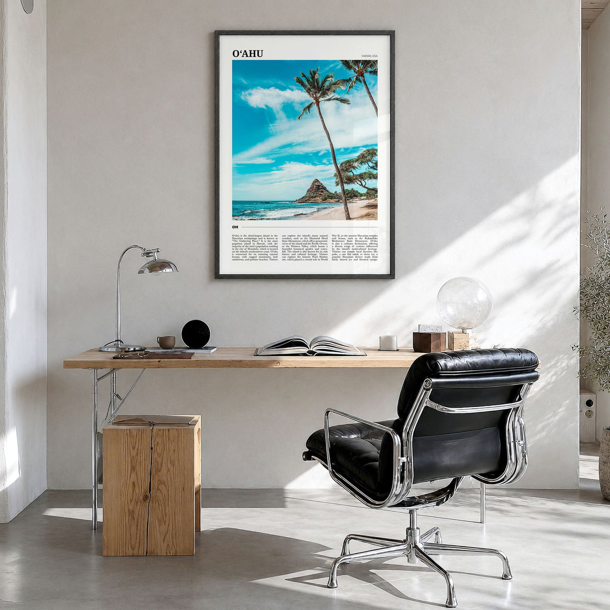 o'Ahu Travel Poster in a black wood frame, hanging in a bright home office