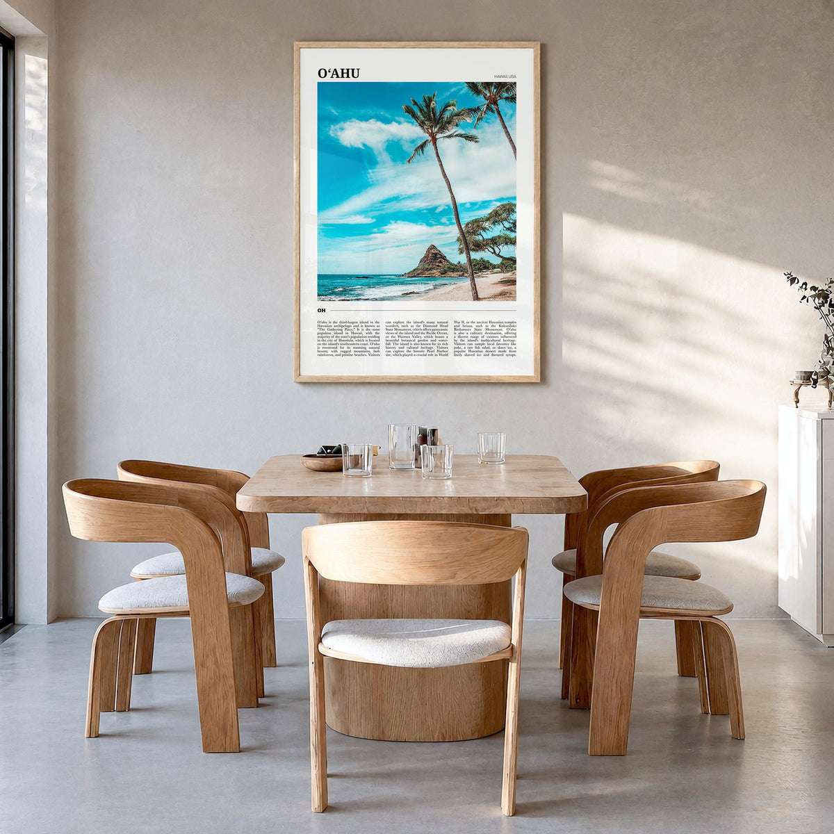 o'Ahu Travel Poster in a natural wood frame, hanging in a dining room