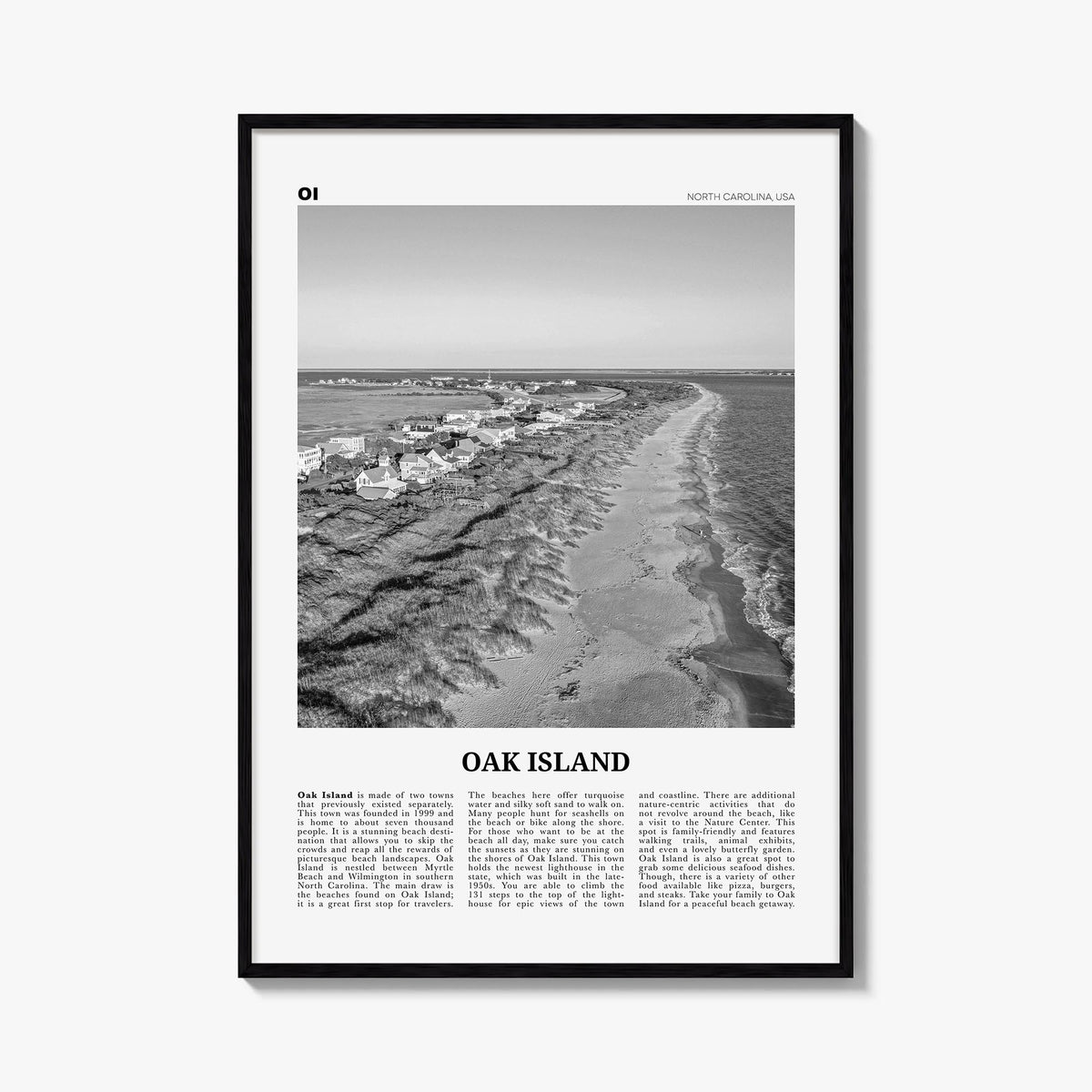 Oak Island black & white newspaper poster of North Carolina, USA – vertical wall art, unframed print shown in interior mockup