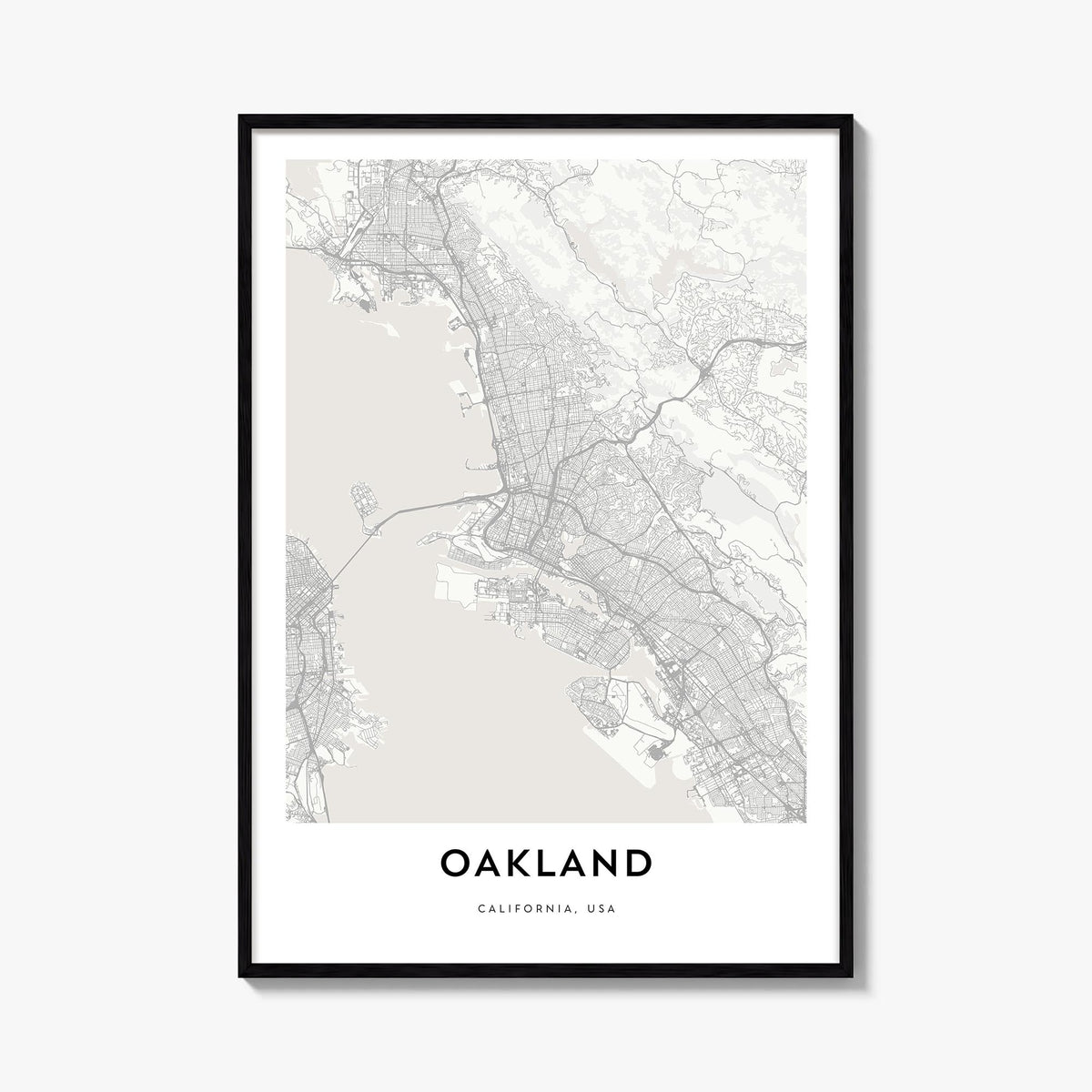 Oakland black & white map poster of California, USA – vertical wall art, unframed print shown in interior mockup