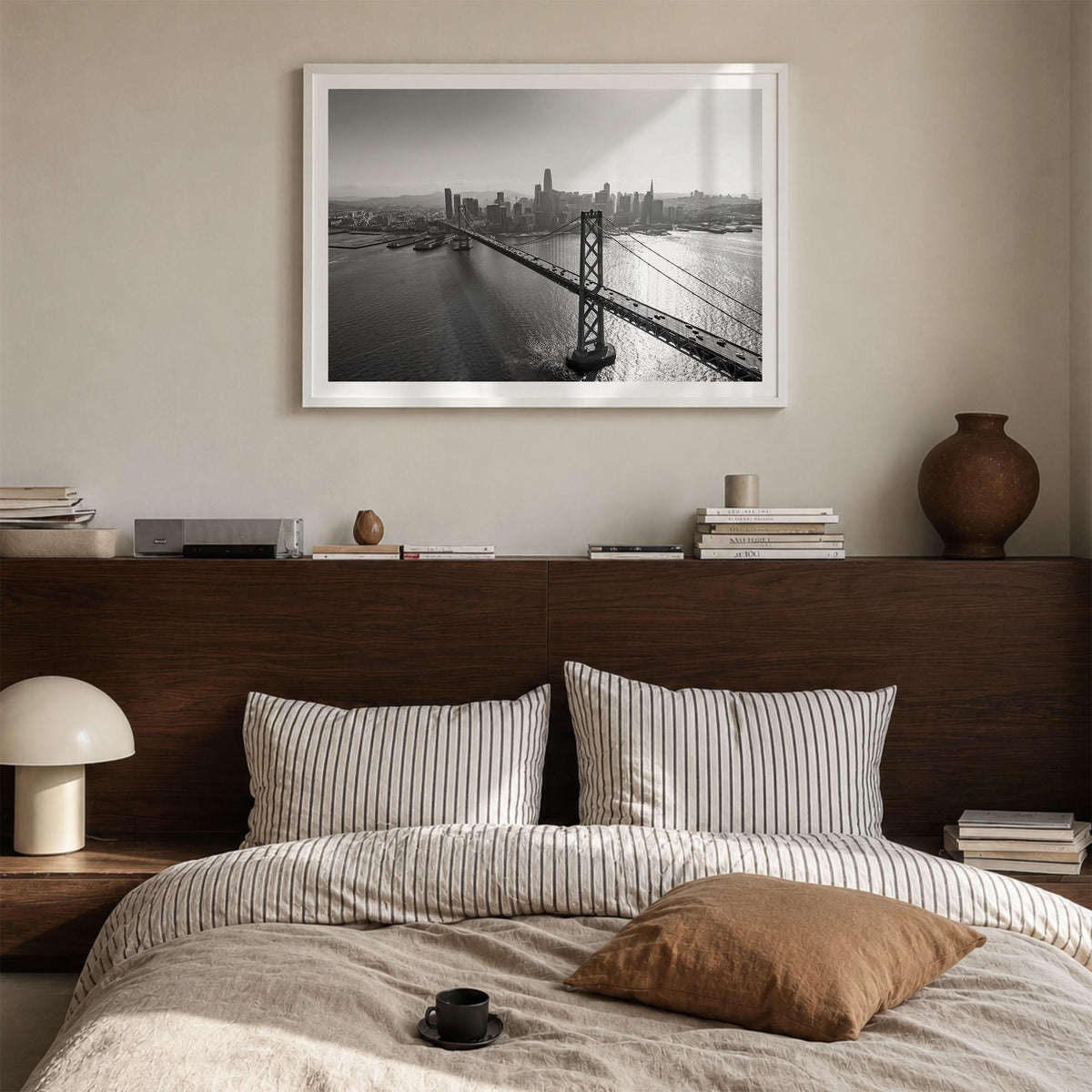 Oakland black & white photo poster of California, USA – horizontal wall art in white wood frame with white border, hanging on