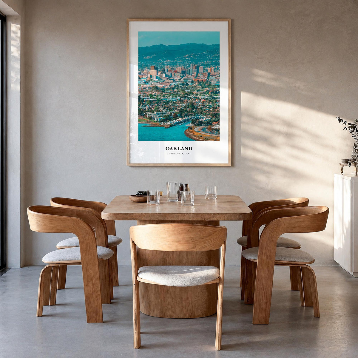 Oakland colorful classic poster of California, USA – vertical wall art in natural wood frame, hanging on wall