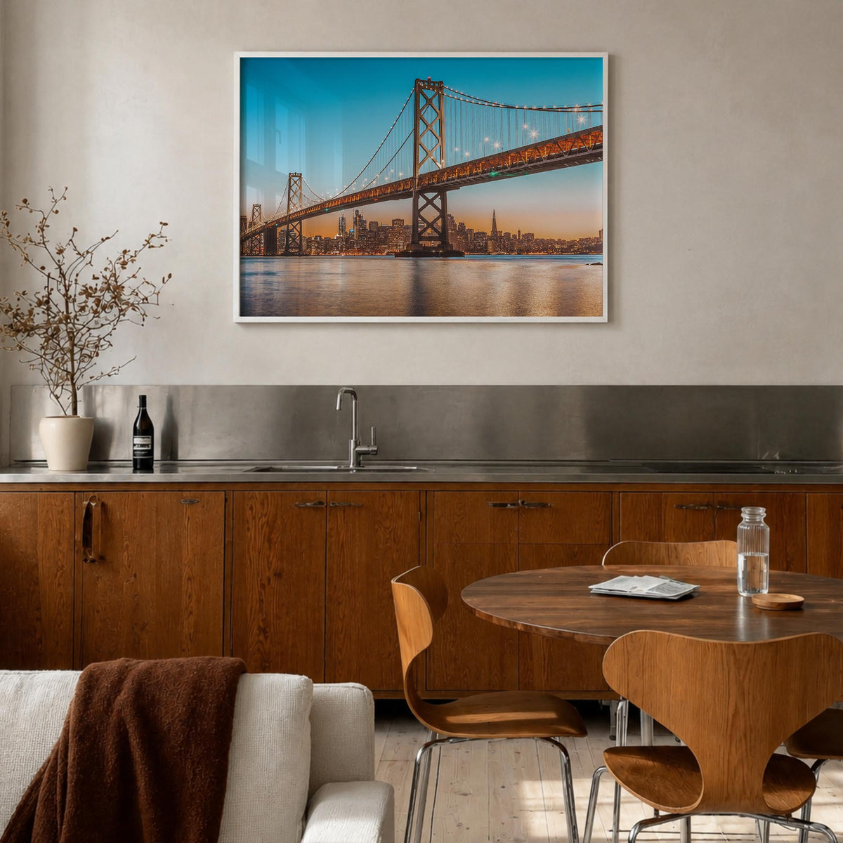 Oakland colorful photo poster of California, USA – horizontal wall art in white wood frame, hanging on wall