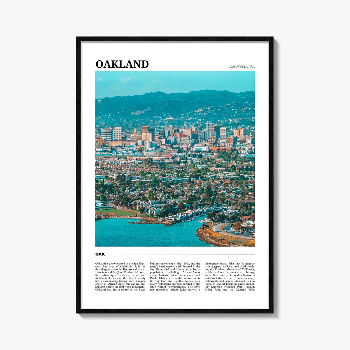Oakland colorful travel poster of California, USA – vertical wall art, unframed print shown in interior mockup