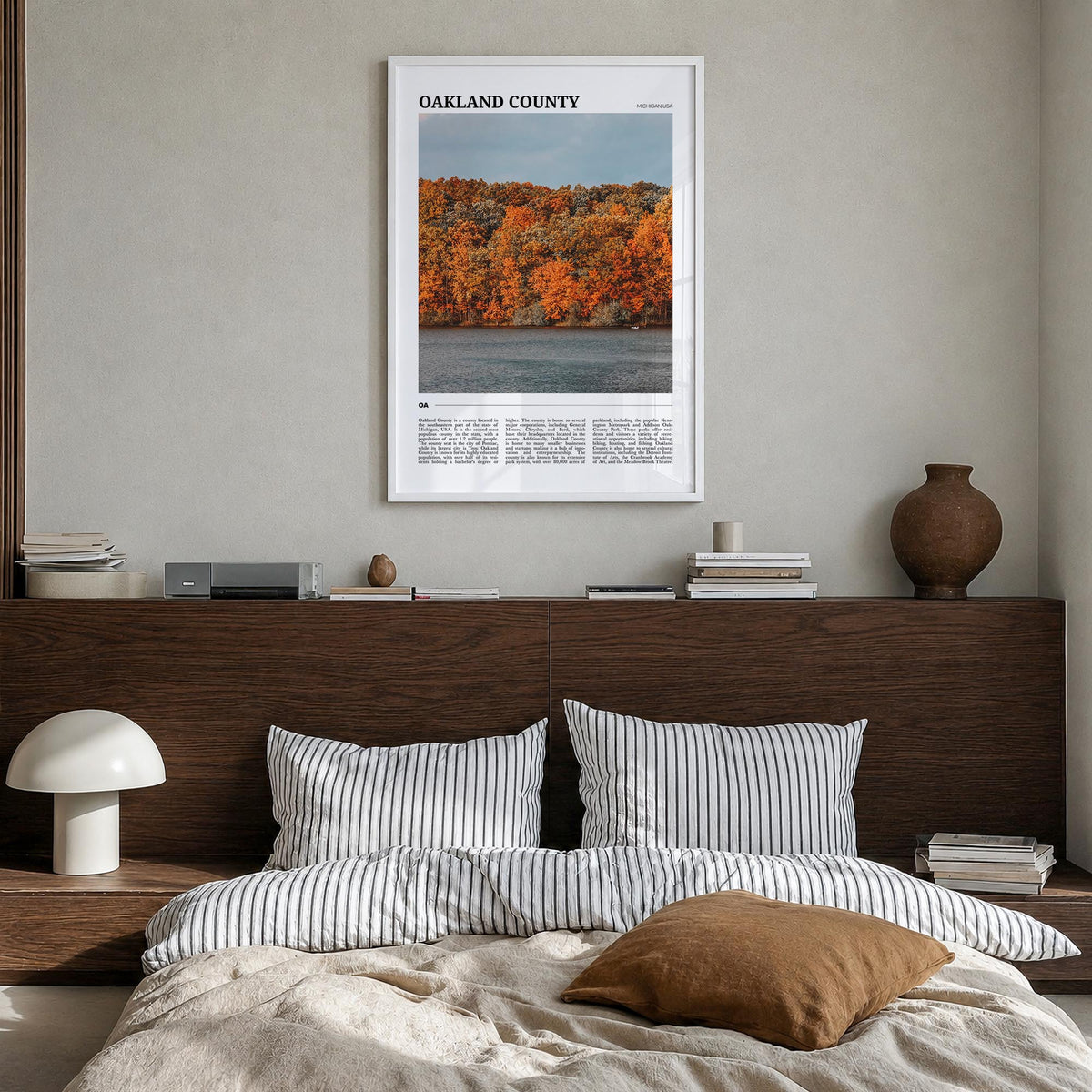 Oakland County colorful travel poster of Michigan, USA – vertical wall art in white wood frame, hanging on wall