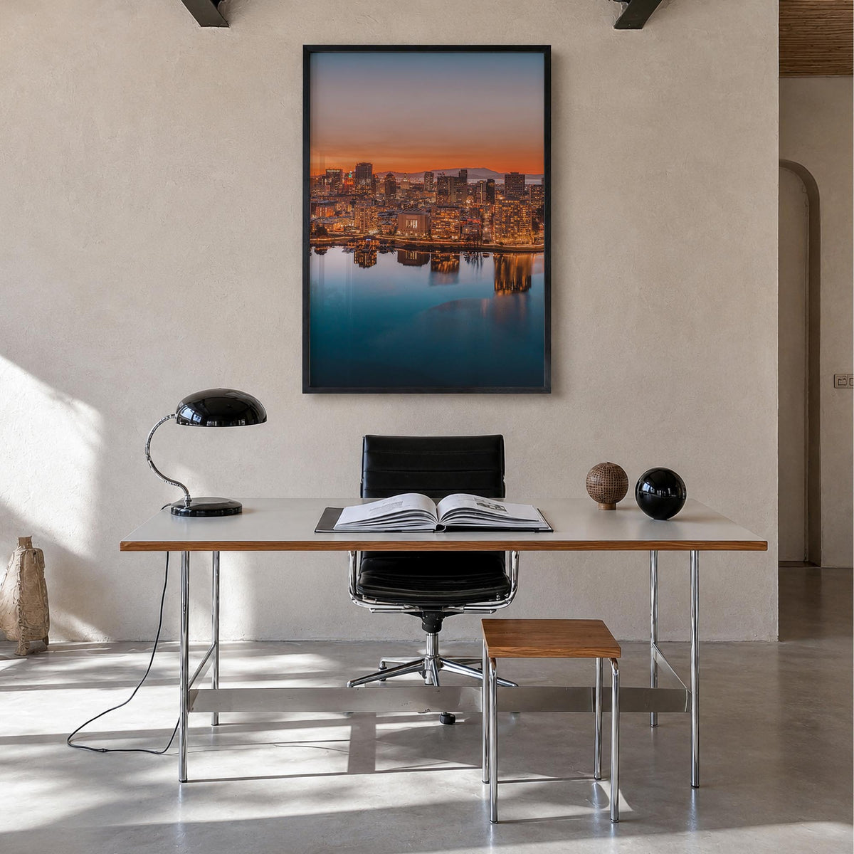 Oakland no. 1 colorful photo poster of California, USA – vertical wall art in black wood frame, hanging on wall