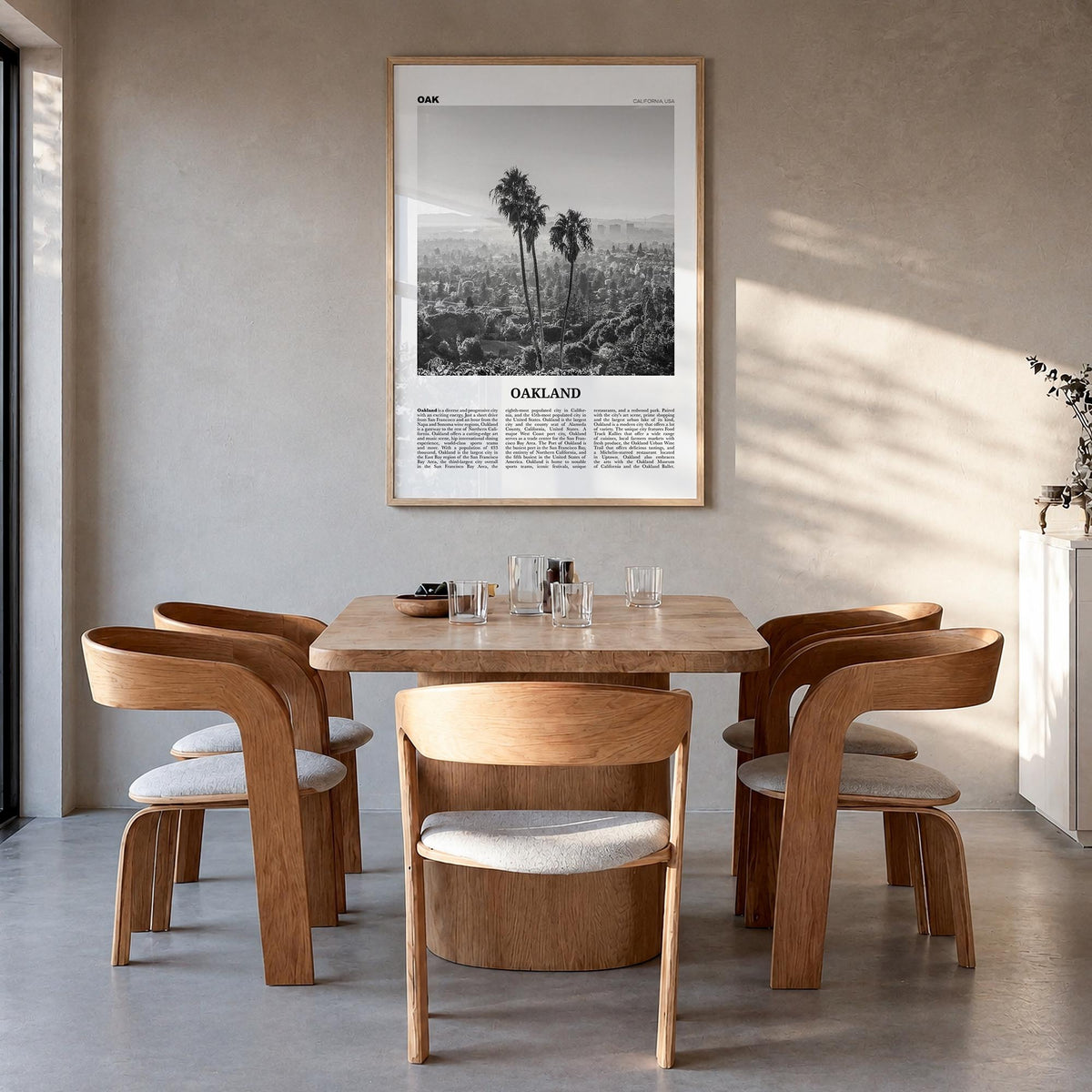 Oakland no. 2 black & white newspaper poster of California, USA – vertical wall art in natural wood frame, hanging on wall