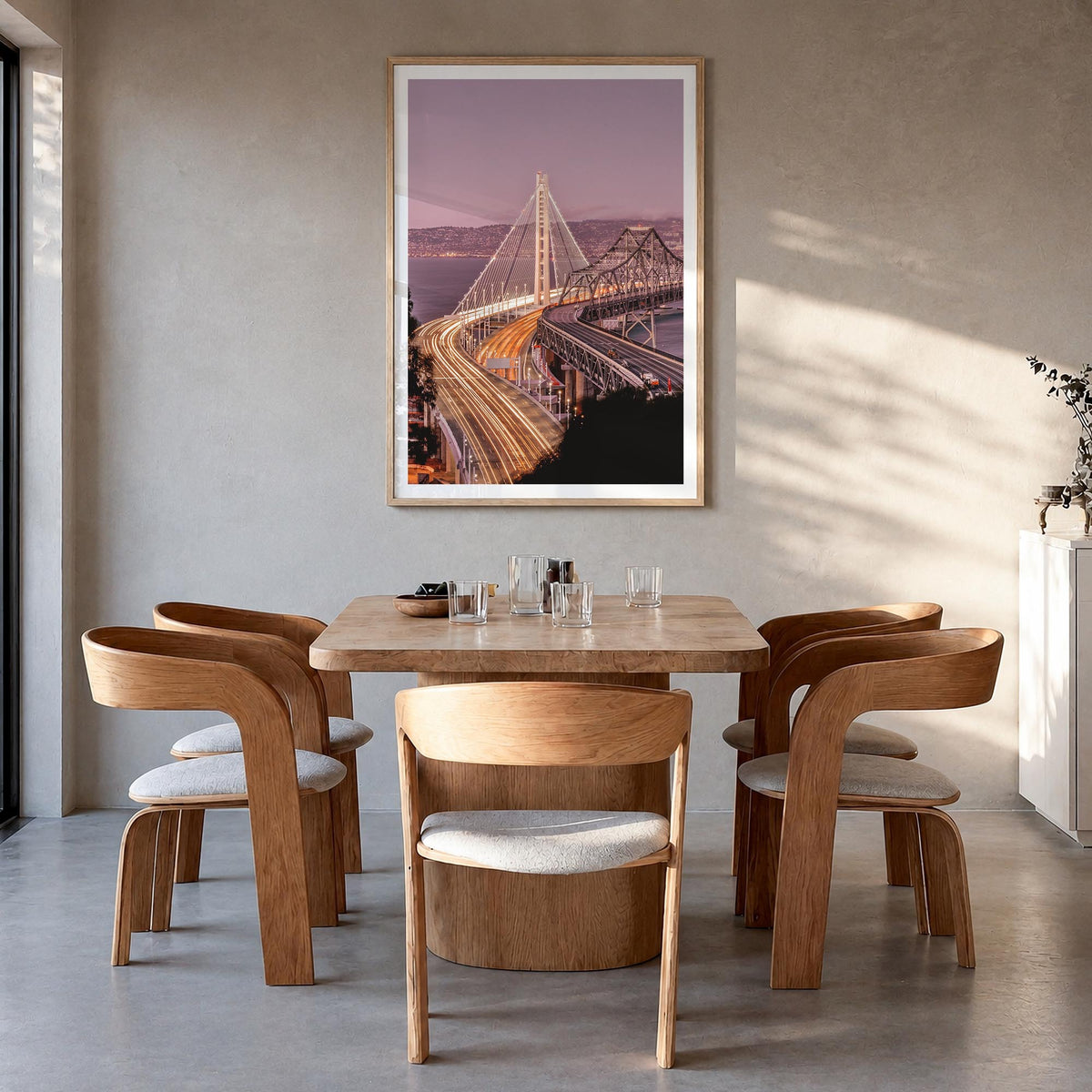 Oakland no. 2 colorful photo poster of California, USA – vertical wall art in natural wood frame with white border, hanging o