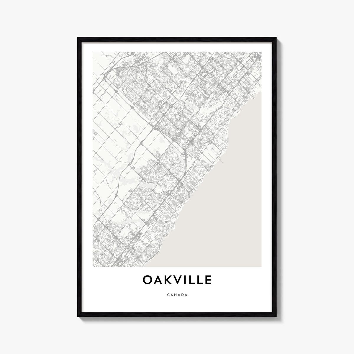 Oakville black & white map poster of Ontario, Canada – vertical wall art, unframed print shown in interior mockup