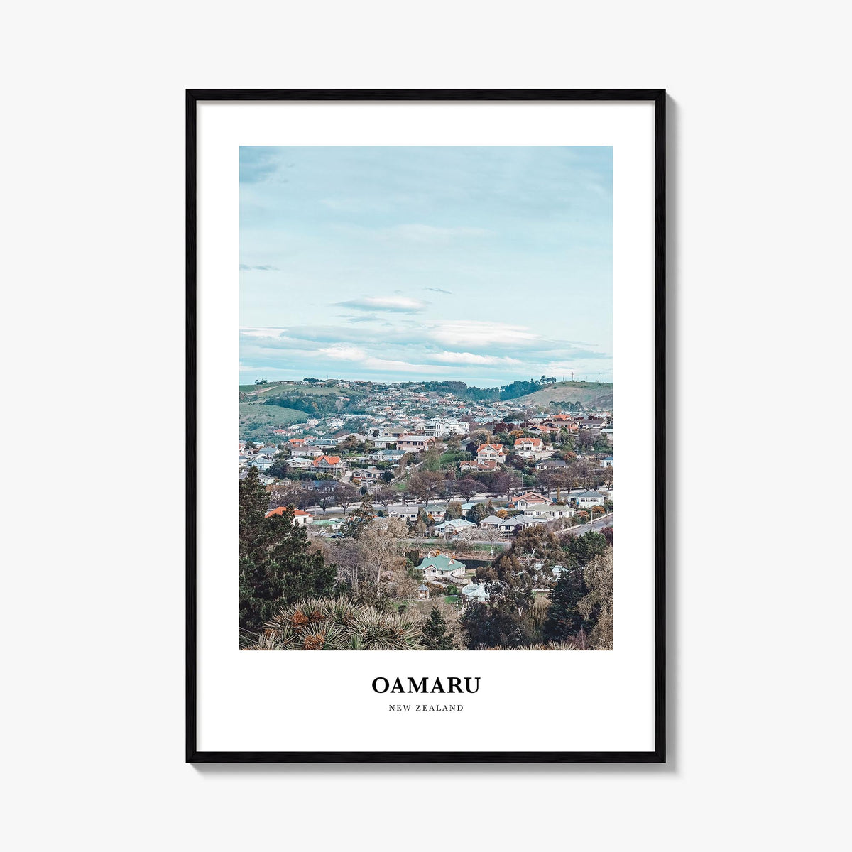 Oamaru colorful classic poster of New Zealand – vertical wall art, unframed print shown in interior mockup