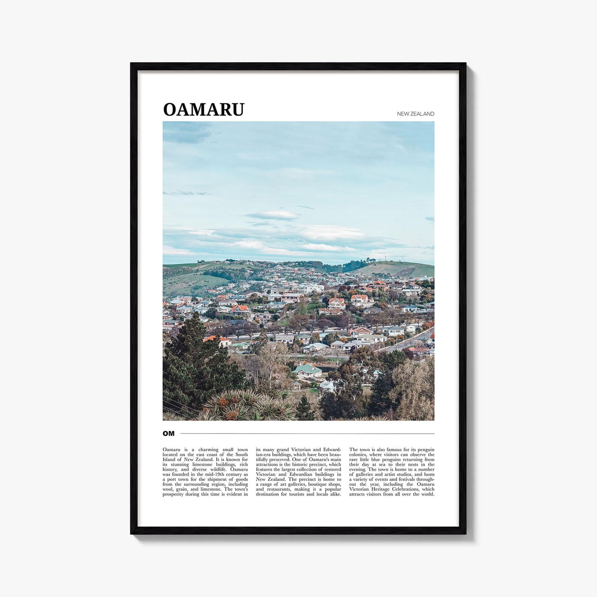 Oamaru colorful travel poster of New Zealand – vertical wall art, unframed print shown in interior mockup